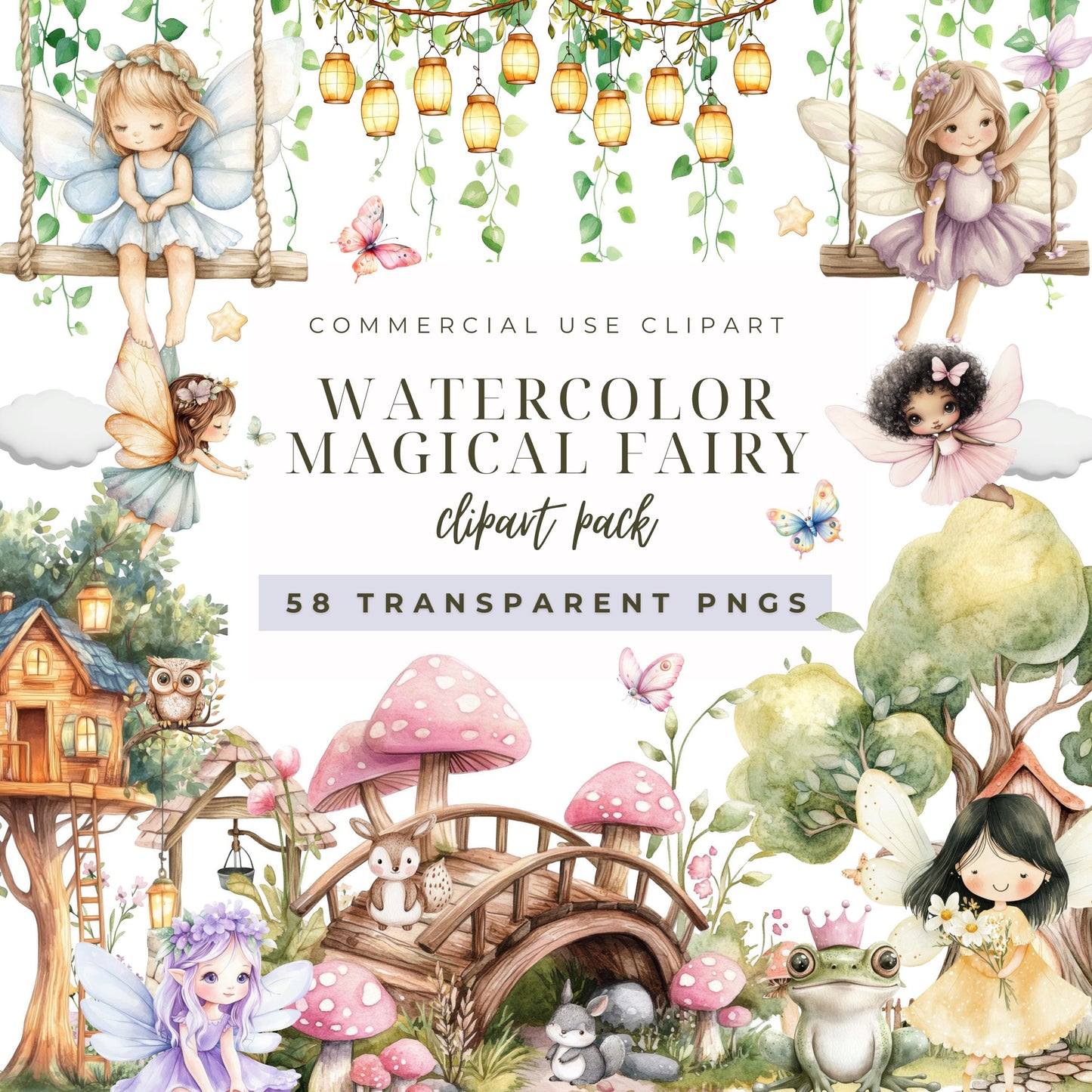 Watercolor fairy garden clipart, Cute fairy clipart, whimsical fairy clipart,Fairy garden clipart,Enchanted forest clipart,Instant Download.